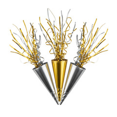 Golden and silver party horns isolated on transparent background for festive celebrations and new year eve decoration. Festive happy birthday party horns in gold silver and bronze for celebrations