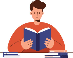 Young person engaged in focused study reading a book stacked with literature isolated on transparent background Vector