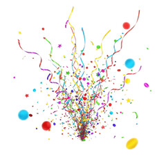 Explosion of colorful confetti and streamers isolated on transparent background. Festive happy birthday celebration with colorful confetti streamers and balloons