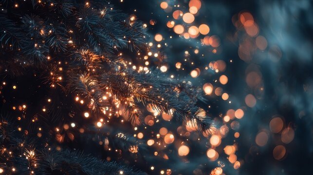 Dark christmas tree close-up with twinkling lights and sparkling ornaments on a festive holiday night, vintage-toned christmas background for winter celebration and seasonal decoration