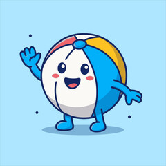 Cheerful Cartoon Beach Ball Character Waving with Rosy Cheeks and a Wide Smile.