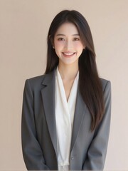Photorealistic portrait of an office woman in a white shirt and blazer, standing against a plain solid background with soft studio lighting, confident and friendly professional look
