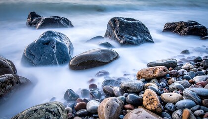Pebbles on the shore being caressed by a misty, long-exposure tide