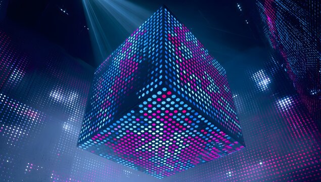Futuristic abstract geometric structure illuminated with vibrant blue and magenta digital lights against a dark atmospheric background creating a sense of advanced technology and digital art - Powered by Adobe