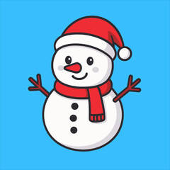 Cheerful Cartoon Snowman Wearing Red Hat and Scarf Against Blue Backdrop.