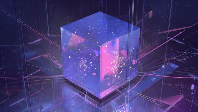 Abstract glowing geometric crystal prism with iridescent light reflections and ethereal particles floating in a dark futuristic digital environment - Powered by Adobe
