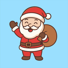 Cheerful Santa Claus with a Bag Waving and Smiling Cartoon Illustration.
