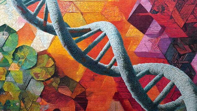 Artistic representation of a double helix dna molecule rendered with vibrant abstract geometric shapes and textured brushstrokes conveying life and heredity