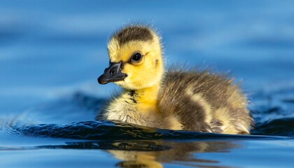 Close-up of a fluffy gosling swimming in shimmering blue water