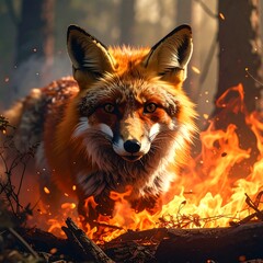 Close-up of a fiery fox in a burning forest setting