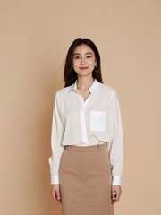 High-quality studio photo of a modern businesswoman in office outfit, smiling confidently with relaxed posture against a clean solid background, professional and elegant look
