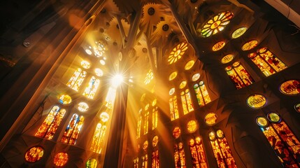 Sunlight Through Colorful Stained Glass Windows in a Grand Cathedral Interior