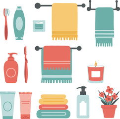 Bathroom essentials collection featuring towels toothbrushes soap dispensers and more cleanliness items isolated on transparent background Vector