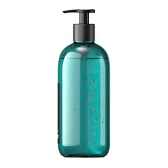 Teal plastic pump bottle with clear liquid and bubbles