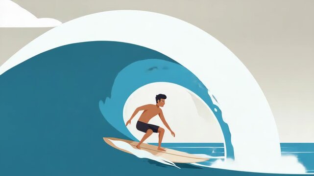 Surfer Riding a Large Blue Wave: Ocean Sport Illustration