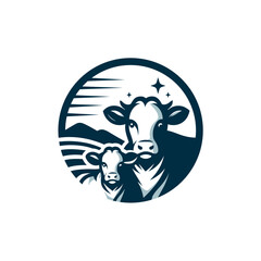 Elegant Cow and Calf Logo Design with Stars and Landscape Silhouette