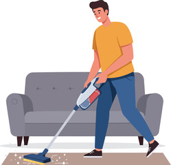 Man vacuums carpet near sofa household cleaning scene animated style isolated on transparent background Vector