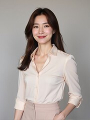 High-quality studio photo of a modern businesswoman in office outfit, smiling confidently with relaxed posture against a clean solid background, professional and elegant look
