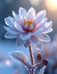 Close-up of a frosted, pale pink bloom against a blurry blue backdrop