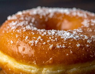Close-up of a glazed and sugared ring-shaped pastry