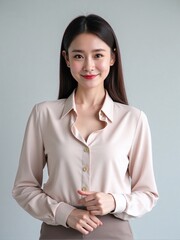 High-quality studio photo of a modern businesswoman in office outfit, smiling confidently with relaxed posture against a clean solid background, professional and elegant look
