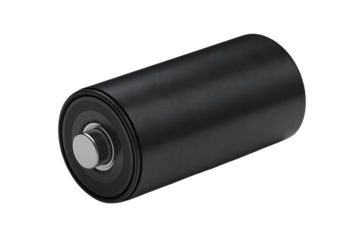 A single black cylindrical battery with a silver positive terminal isolated on transparent background
