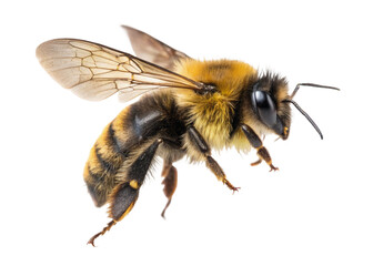 Close up view of a bumble bee with transparent wings isolated on a black background in detailed focus on transparent background