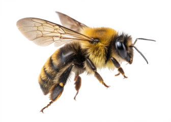 Close up view of a bumble bee with transparent wings isolated on a black background in detailed focus on transparent background