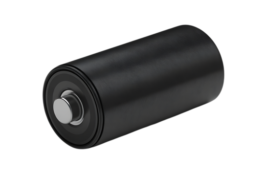 A single black cylindrical battery with a silver positive terminal isolated on transparent background - Powered by Adobe