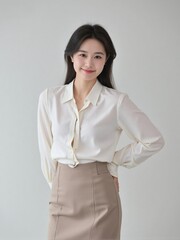 High-quality studio photo of a modern businesswoman in office outfit, smiling confidently with relaxed posture against a clean solid background, professional and elegant look
