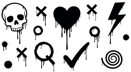 Dripping grunge icons set skull heart lightning bolt check mark spiral abstract symbols vector