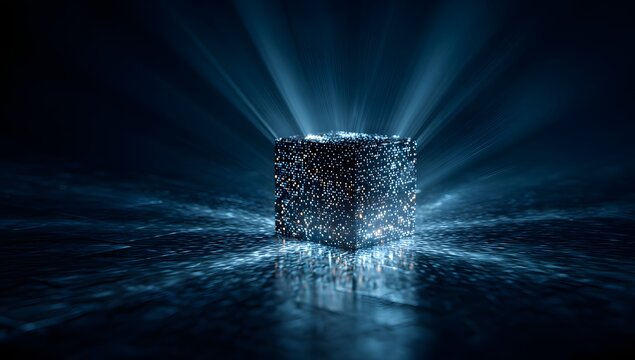 Mysterious glowing cube emitting radiant beams of light in a dark atmospheric abstract futuristic digital art environment with water reflections