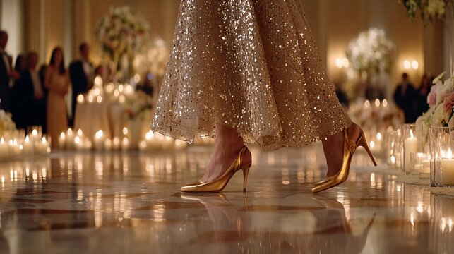 Elegant Woman in Glittering Dress and Golden Shoes at Elegant Event