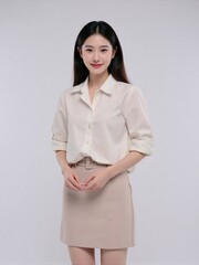 High-quality studio photo of a modern businesswoman in office outfit, smiling confidently with relaxed posture against a clean solid background, professional and elegant look
