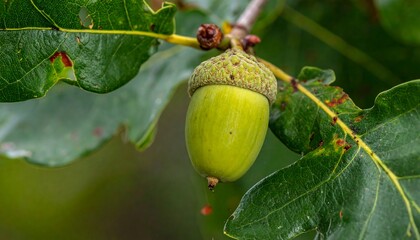 Close-up of a green acorn hanging from an oak tree branch
