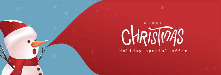 Cute snowman with Santa hat shouting Merry Christmas in a red speech bubble on holiday sale banner featuring hand drawn Christmas typography