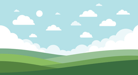 Fototapeta premium A peaceful and serene cartoon landscape with rolling green hills and fluffy white clouds under a bright blue sky.