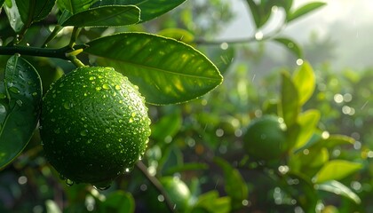Close-up of a green citrus fruit hanging from a tree in the rain