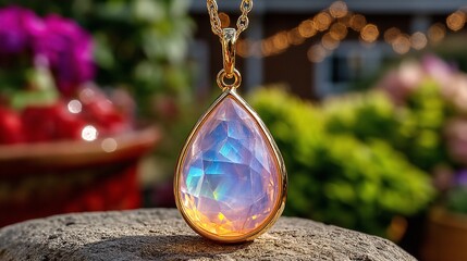 Stunning Gold Pendant with Colorful Opal Gemstone in Nature Setting