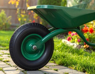 Close-up of a green wheelbarrow in a sunlit garden