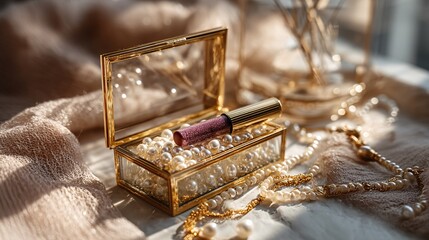 Sparkling Lip Gloss in Elegant Jewelry Box with Pearls and Warm Light