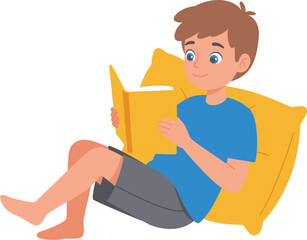 Boy reading a book while relaxing on a pillow focused on learning and imagination isolated on transparent background Vector