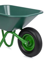 Close-up of a green wheelbarrow, partially shot on white background