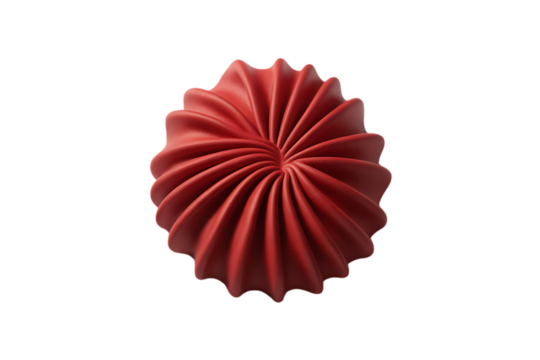 A single red meringue cookie with intricate fluted edges isolated on transparent background