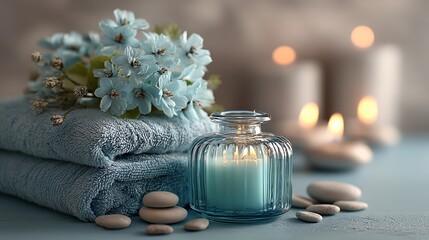 Serenity Scene with Blue Flowers, Soft Towels, and Candles