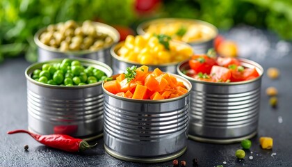Assorted canned vegetables arranged on a dark surface, close up