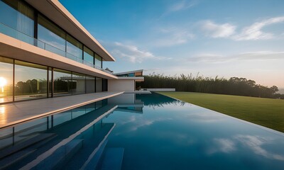 Modern Home and Reflecting Pool at Sunset with Blue Sky