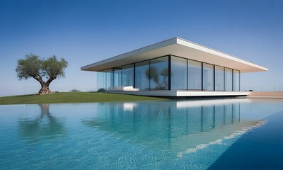 Modern Glass House by Poolside with Tree on Hillside