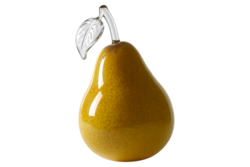 A single ripe yellow pear with a stem and leaf isolated on transparent background