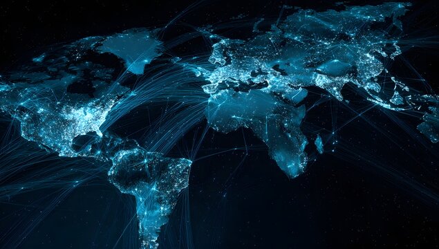 Global network of interconnected lights illuminating continents and oceans on a dark planet representing worldwide communication and digital connections - Powered by Adobe